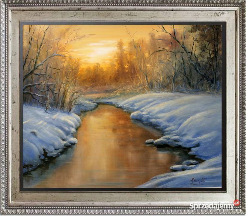 Zima Zachód Słońcaręcznie malowany obraz olejnyL