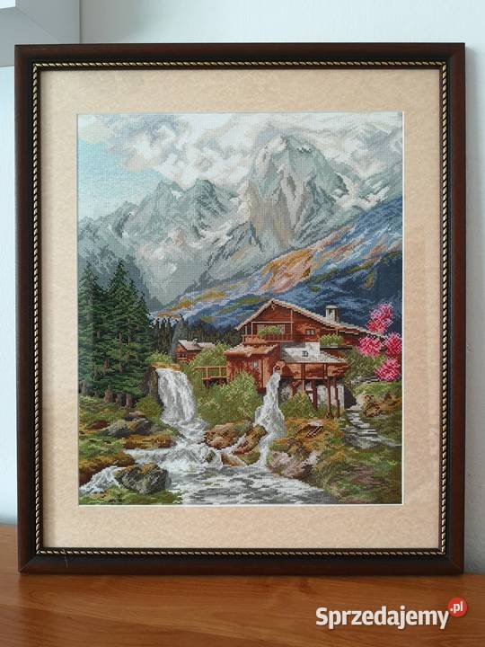 Obraz ręcznie haftowany Górski wodospad Handmade Rękodzieło Otrębusy