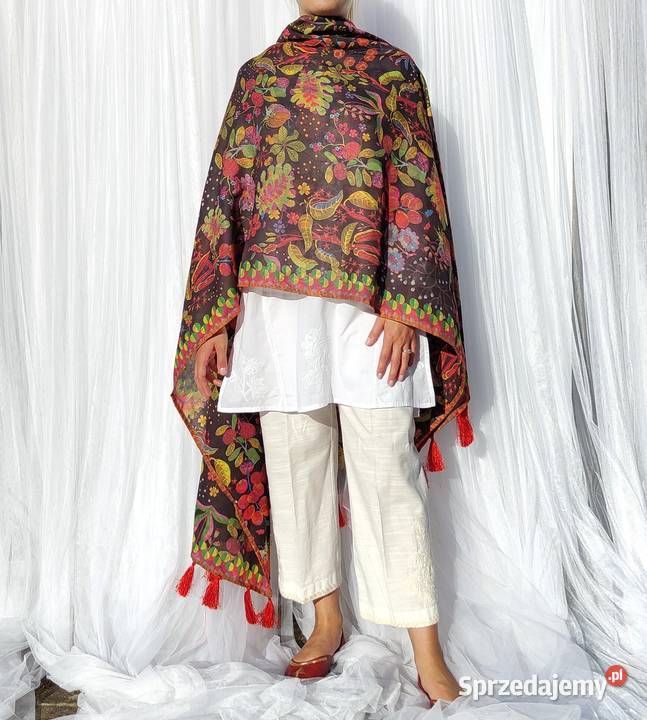 Duży szal pashmina chusta czarny kolorowy wzór Szczecin