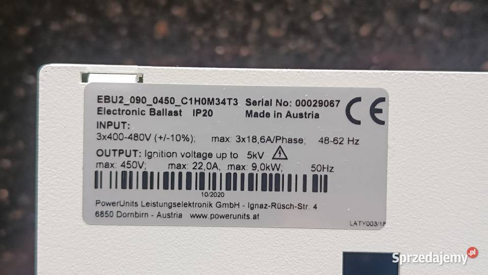 Elektroniczny zasilacz lamp UV 9kW EBU20900450 mazowieckie
