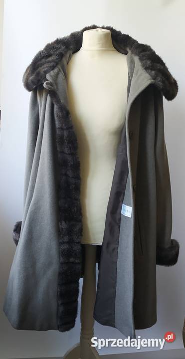 Szary płaszcz z czarnym futrem sztucznym 44 CA Warszawa sprzedam