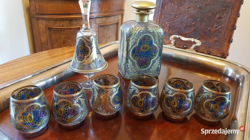 Karafka kieliszki kulawka emalia Hermann Pautsch Orneta