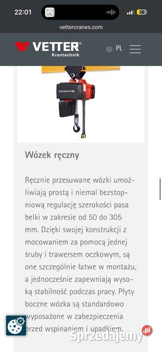 Wciągnik Vetter 2Tony 2T suwnica wciągarka dolnośląskie Pławna Dolna