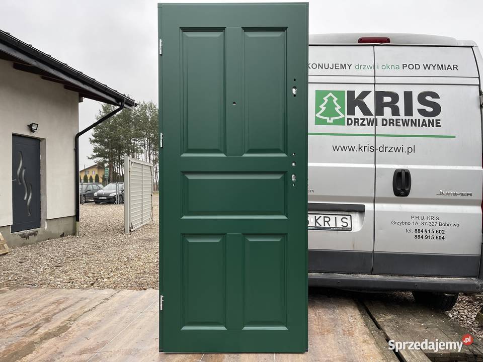 Drzwi drewniane wewnątrzklatkowe RĘKI błękitne Grzybno