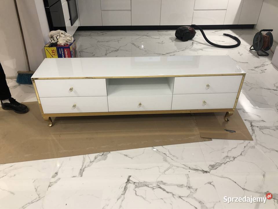 Komoda RTV lustrzana biała złota noga Ludwik Kępno