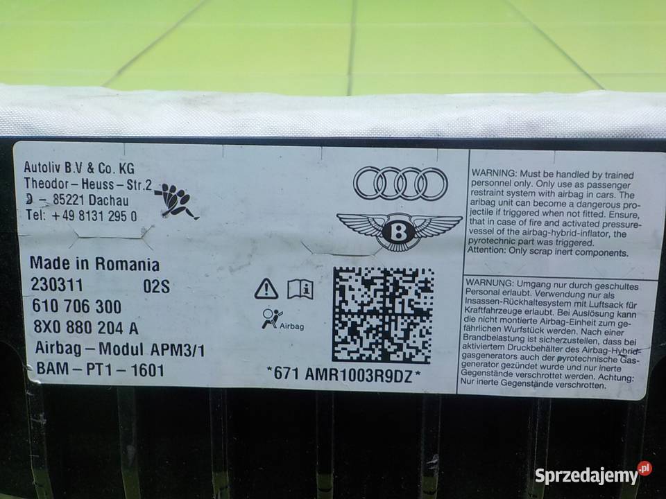 AUDI A1 8X 12 TFSI 11r 3D AIRBAG poduszka osobowe mazowieckie Suków sprzedam
