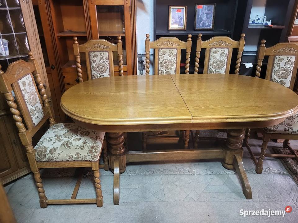 Stylowy stół dębowy owalny 6 krzeseł serwantka Sypniewo