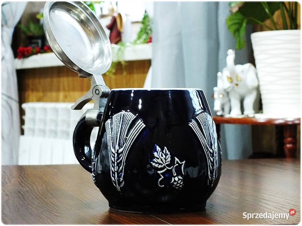 Kufel niemiecki z cynową pokrywką Sygnowany lubuskie Żary