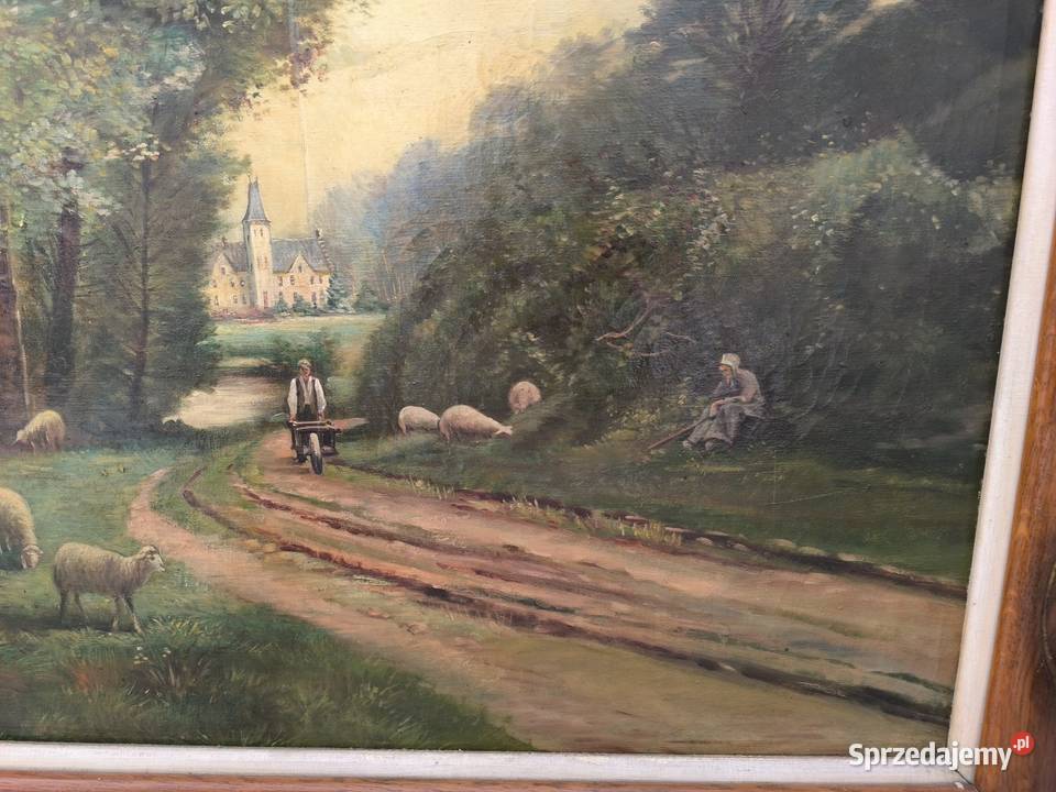 Piękny obraz olejny scena rodzajowa sygnowany