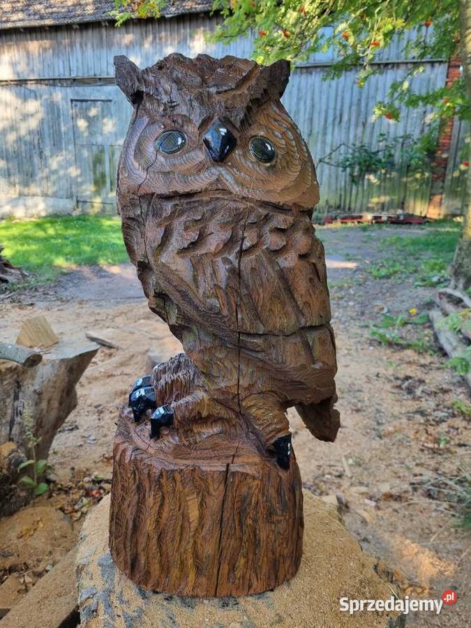 Rzeźba ogrodowa sowa rzeźbiona Drewno dębowe Wierzchomino sprzedam