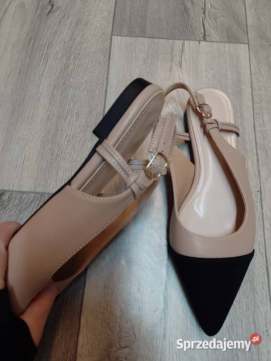 40 Beżowo czarne baleriny wieczorowe z odkrytą Kraków