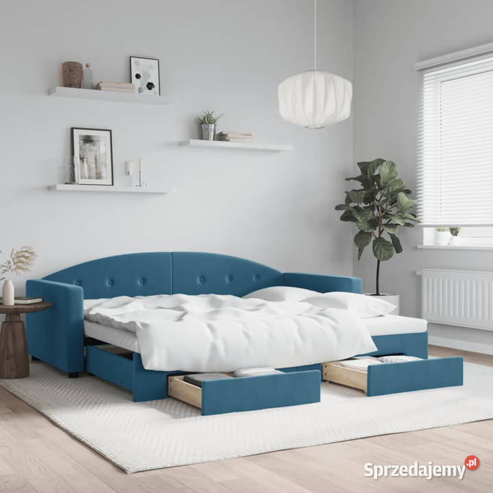 Sofa rozsuwana z szufladami niebieska aksamit Warszawa sprzedam