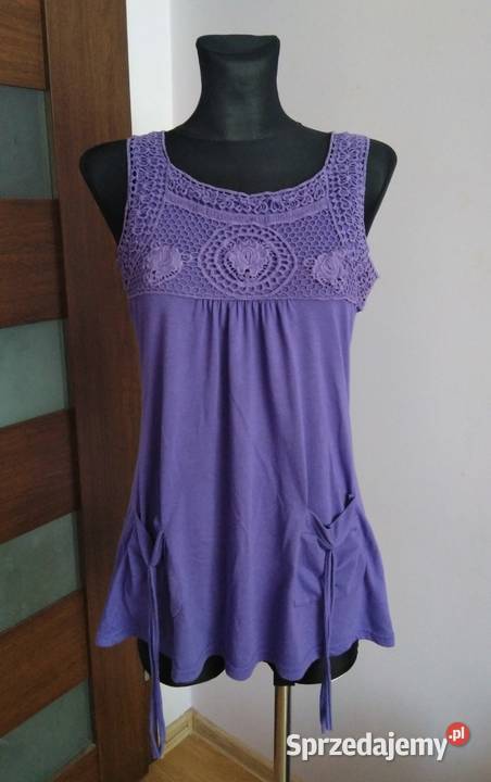 Fioletowa bluzka tunika z kieszonkami i haftem Krosno