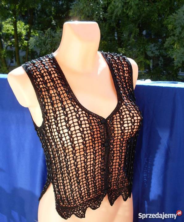 AŻUROWA KAMIZELKA CZARNA Z CZARNYMI KORALIKAMI Łódź