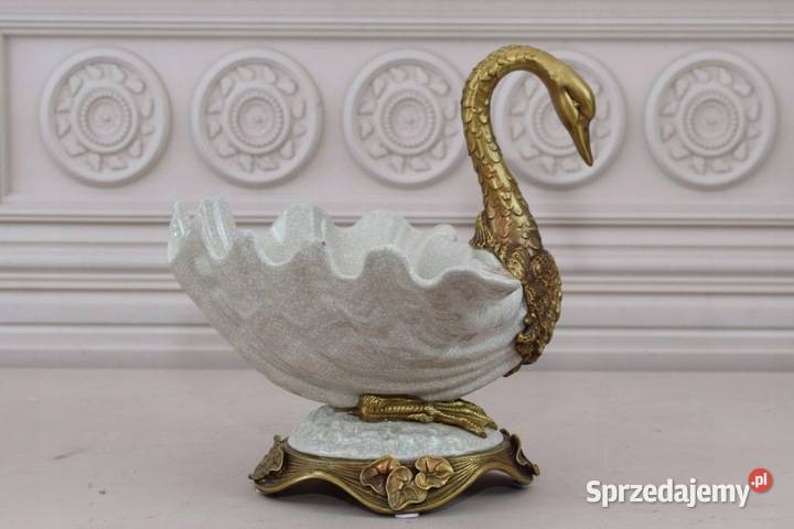 Porcelanowa Biała Patera Okuta Brązem Łabędź Kraków