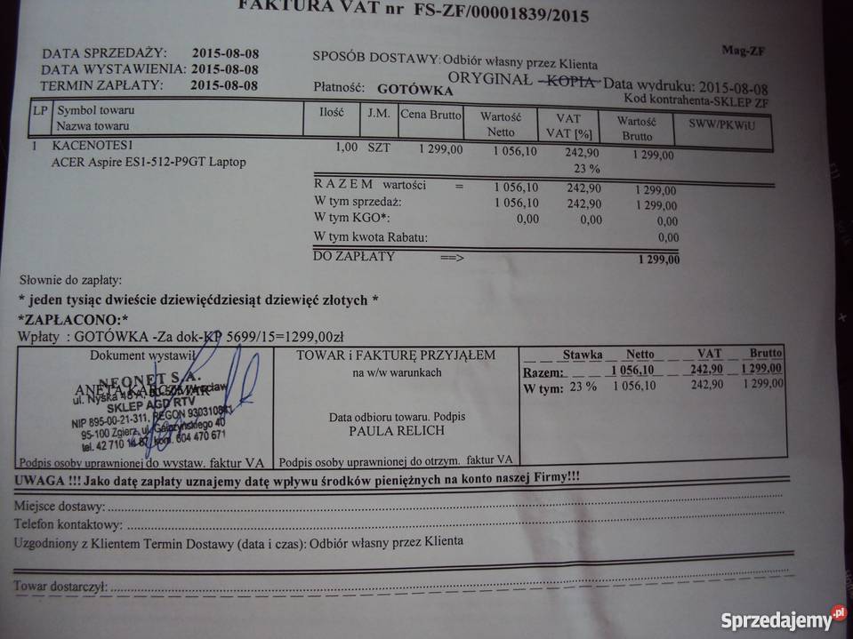 Laptopa Acer ES1512 Gwarancja do 082018 Stan Lutomiersk sprzedam