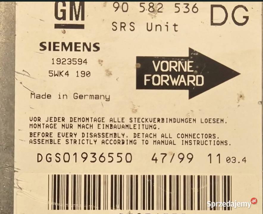 MODUŁ SENSOR AIRBAG OPEL ZAFIRA A 90582536DG Komputery