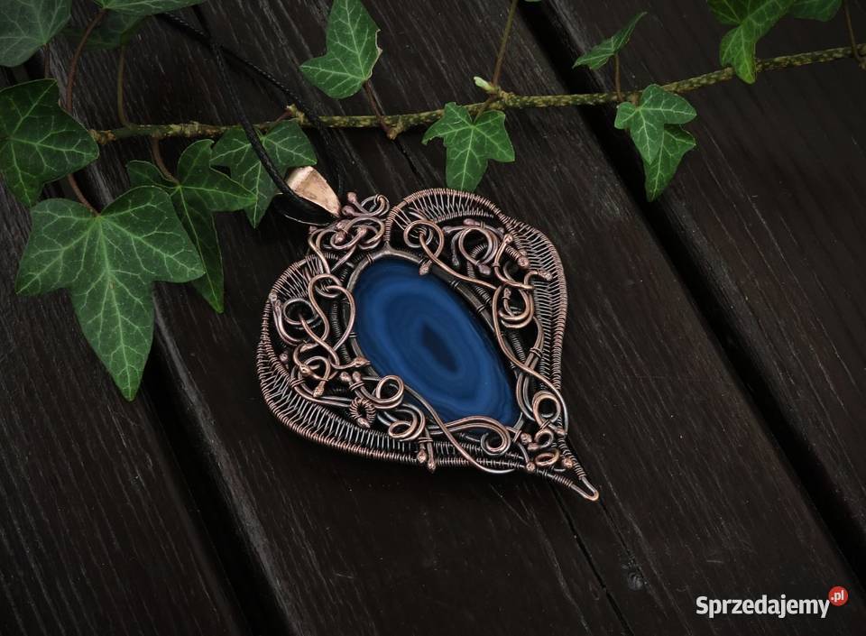 Zjawiskowy miedziany wisior niebieski agat Kraków
