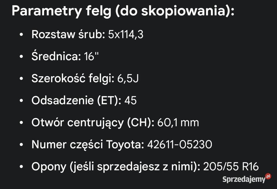 Felgi aluminiowe Toyota 16 5x1143 ET45 601mm