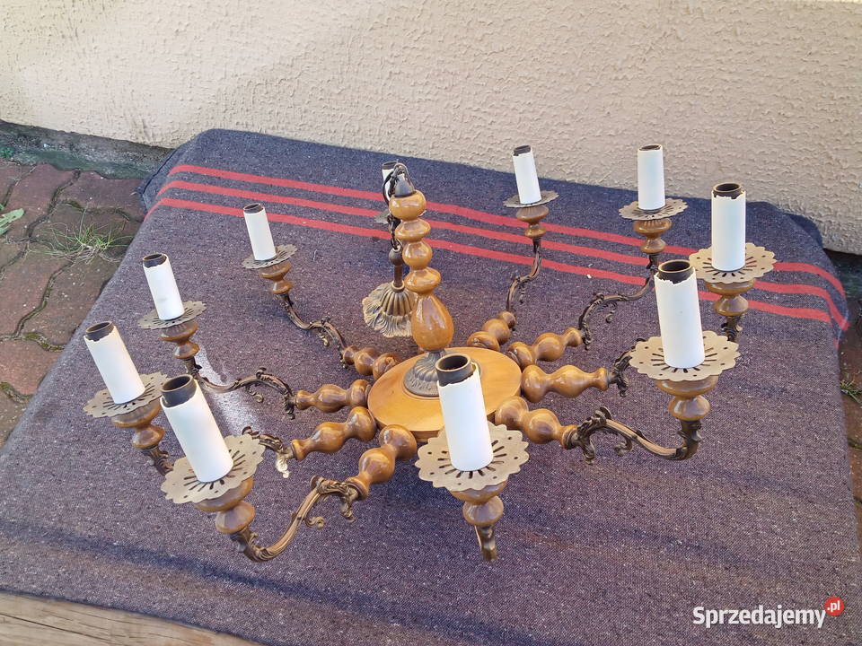 Żyrandol Mosiądz Drewno