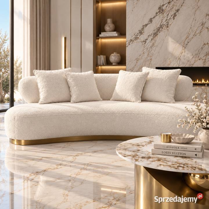 Sofa glamour boucle biała ecru 257 ze złotą Golkowice
