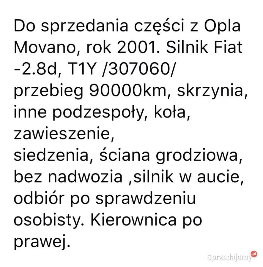 Silnik skrzynia podzespoły z Opla Movano 2001 Rok produkcji 2001