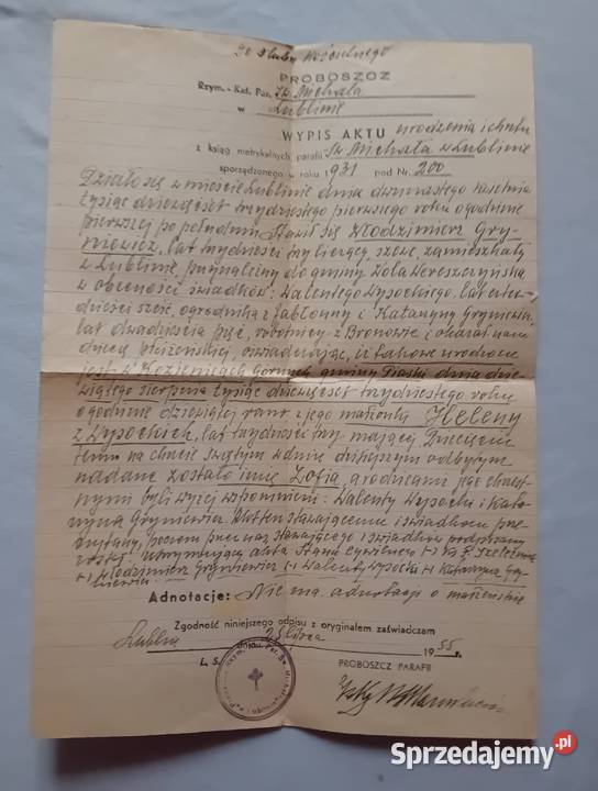 Wypis aktu urodzenia i chrztu z roku 1931 wielkopolskie