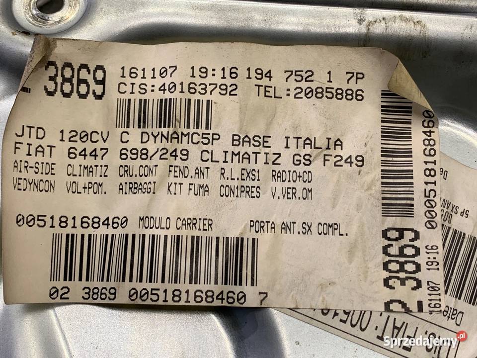 PODNOŚNIK SZYBY LEWY PRZÓD FIAT CROMA Kombi 0611 Mechanizmy opuszczania szyb sprzedam