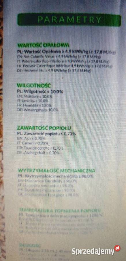 pelet A1 165MJ 46KW zawartość popiołu 07 Cięcina sprzedam