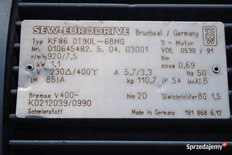 Motoreduktor kątowy 11kw 75obrmin z hamulcem SEW lubuskie Kargowa