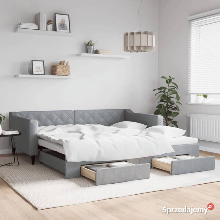 Sofa rozsuwana z szufladami jasnoszara tkanina sprzedam