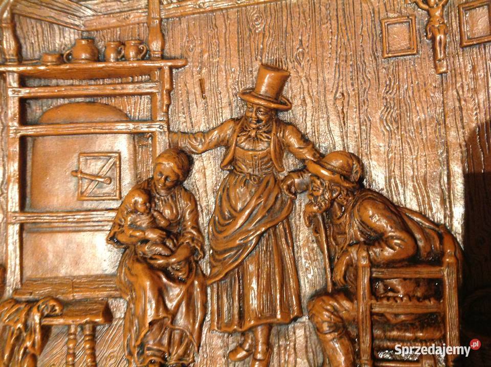 STARY OBRAZ PŁASKORZEŹBA Z WOSKU PSZCZELEGO odcienie brązowego Nowa Sól