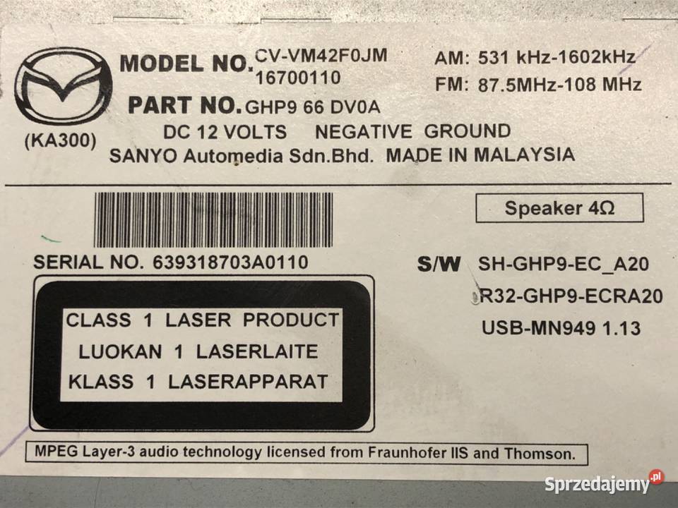 RADIO MAZDA 6 GJ CVVM42F0JM ODTWARZACZ