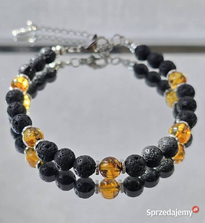 Bransoletka Bursztyn kamień Lawa 6 mm stal Bransoletki Gdańsk
