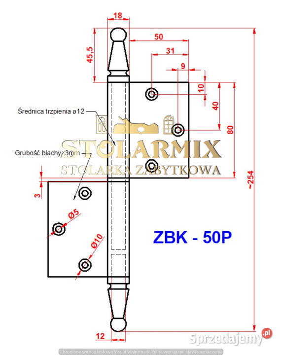 Zawias do starych drzwi bezprzylgowych ZBK 50P Paterek