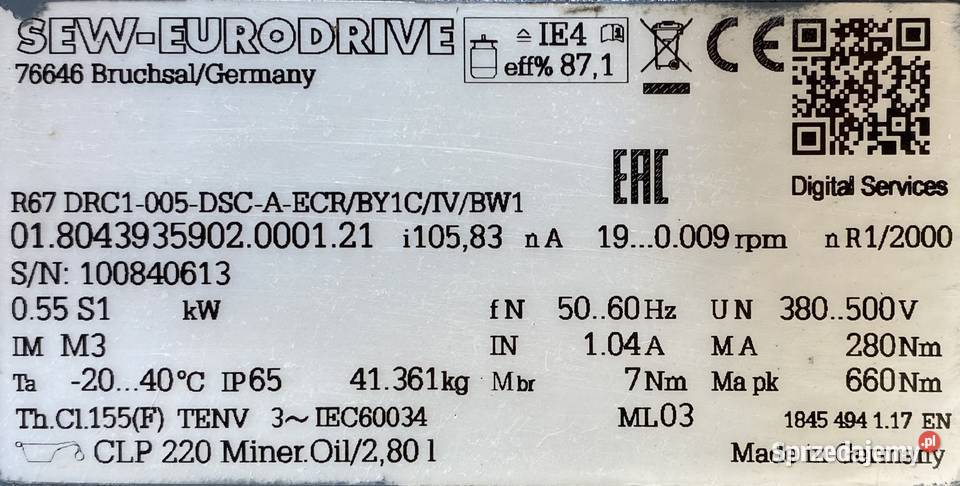 motoreduktor przekładnia 055kW 190009obr 3fazowy Pigża