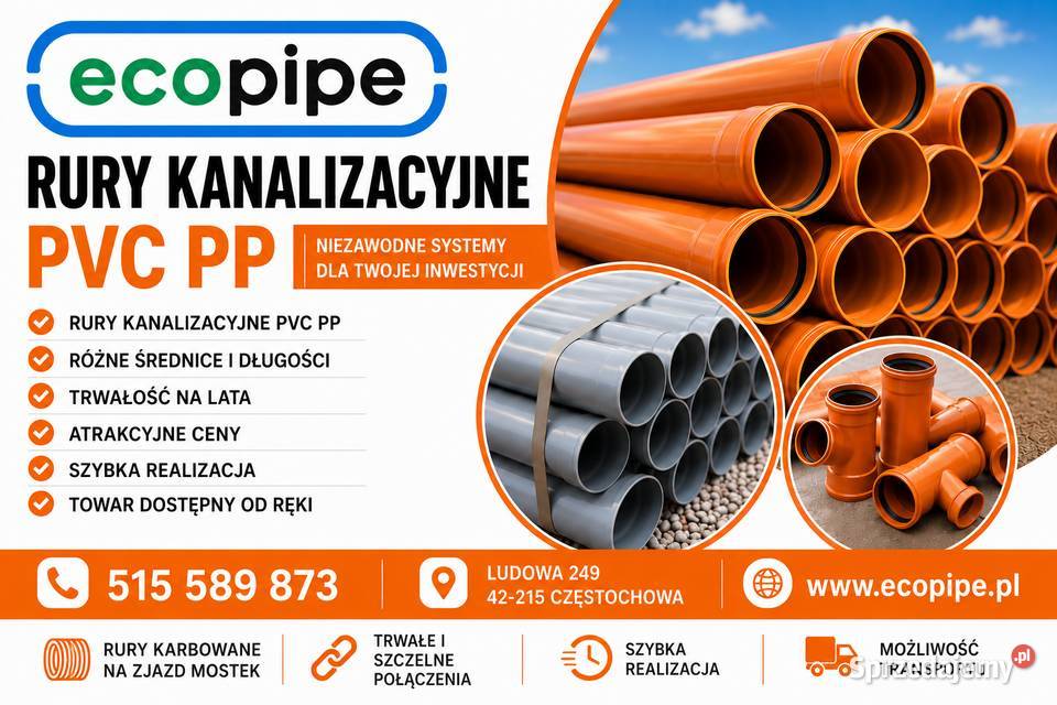 Rury szare pomarańczowe kanalizacyjne lite śląskie Kłomnice