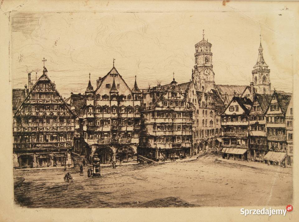 Stuttgart Stary rynek piękna akwaforta wielkopolskie