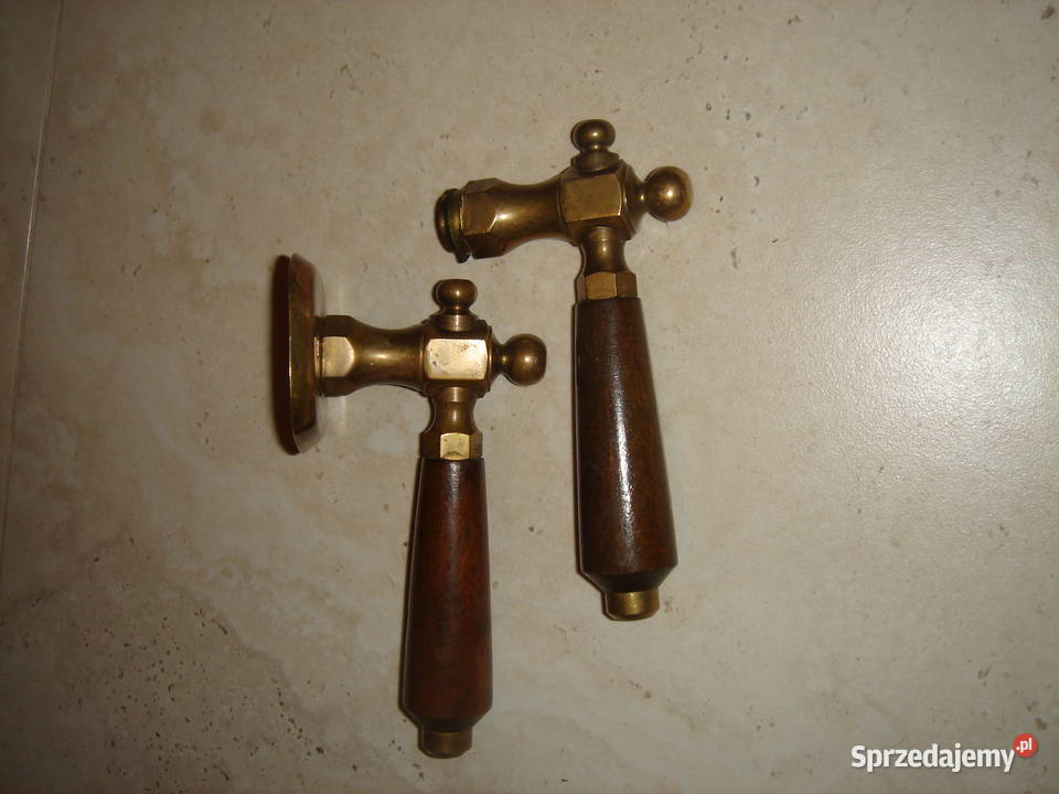 Stare klamki mosiężne z rączkami drewnianymi Łódź
