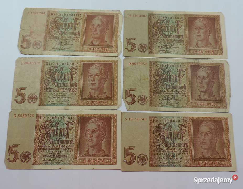 Banknoty 6x Niemcy 5 marek 1942 K33 Warszawa sprzedam