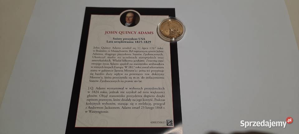 moneta 1 Dolar John Quincy 2008 CERTYFIKAT X9346