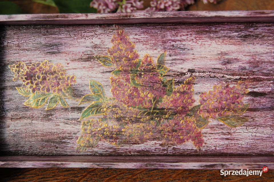 Rustykalna podstawka tacka kwiaty bzy decoupage Lublin