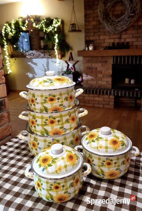 209 Zestaw 5 garnków z pokrywkami emaliowanych śląskie Zabrze sprzedam