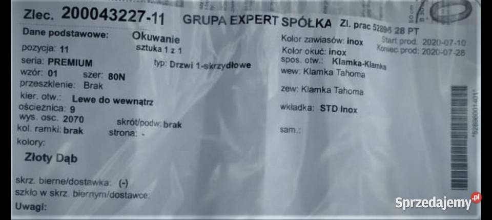 Drzwi wejściowe PREMIUM Złoty Dąb 80N Lewe Nowe