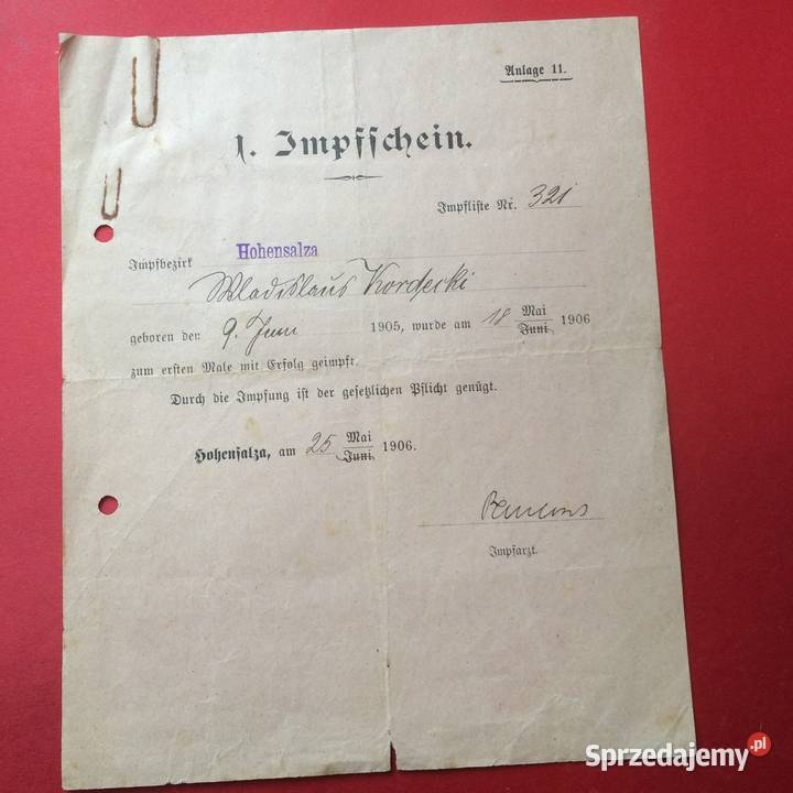 1326 Dokument Niemiecki Kordecki Antykwariat Szczecin sprzedam