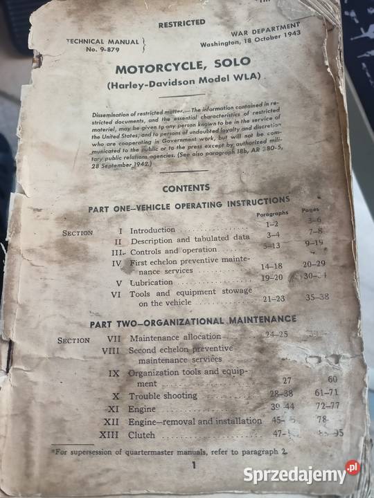 Instrukcja obsługi Harley WLA Pozostałe Bydgoszcz