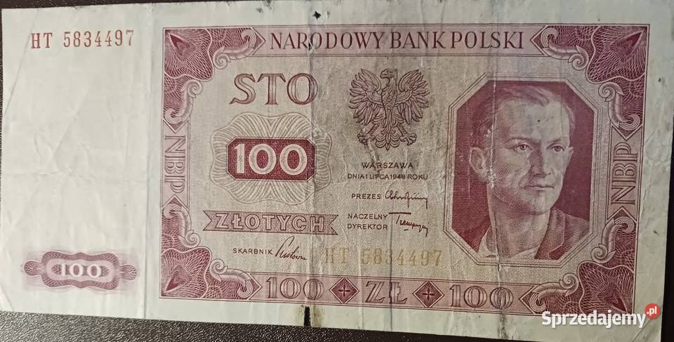 100 złotych Robotnik 1VII1948 rseria HTw ramce Numizmatyka Konin sprzedam