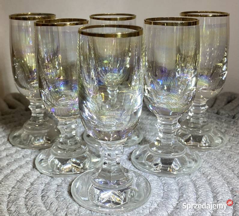 Kieliszki PRL szkło opalizujące złoty pasek Porcelana i szkło Łomża