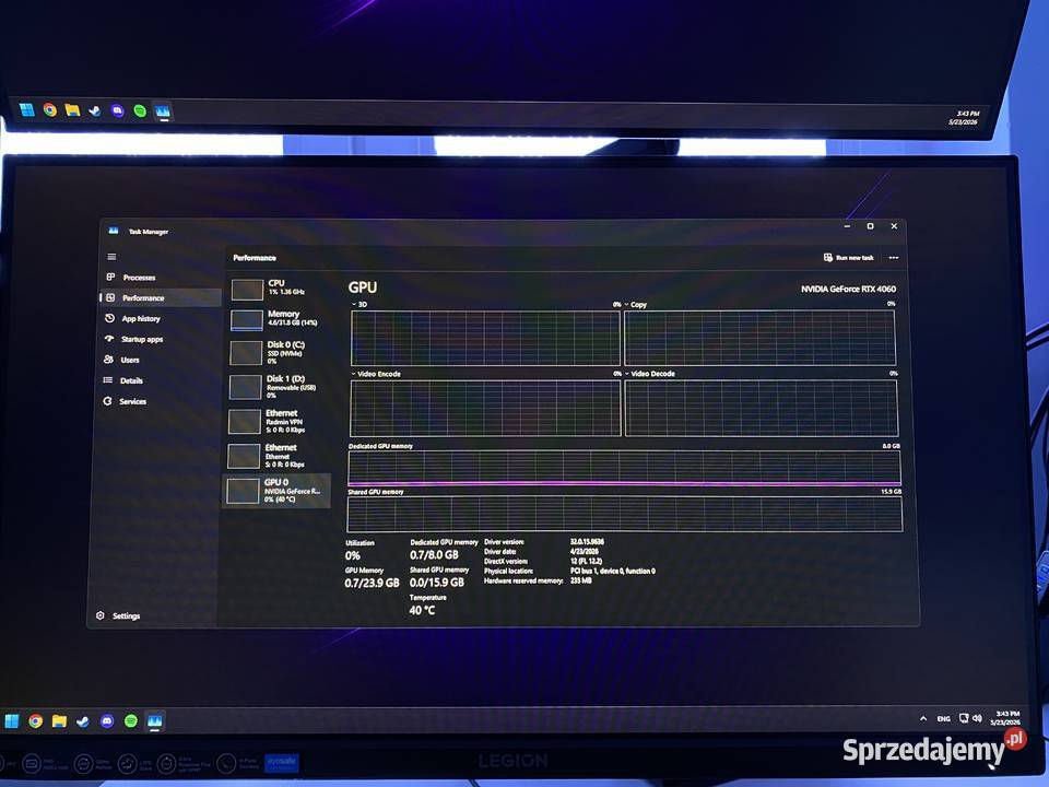 Komputer Gamingowy Monitor Lenovo Legion 180Hz Elbląg
