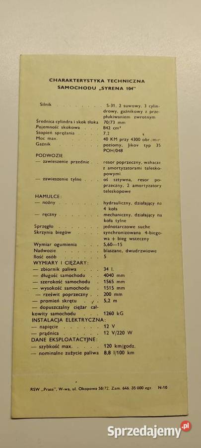 Syrena 104 prospekt reklamowy PRL Polmo 1969